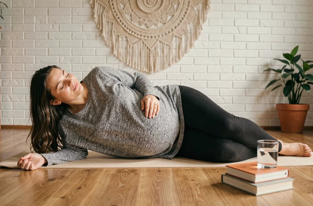 Femme enceinte faisant des exercices de yoga prénatal à domicile, illustrant la gestion du bien-être durant les changements hormonaux de la grossesse