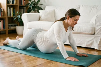 Femme enceinte pratiquant le yoga prénatal à domicile pour prévenir les maux de dos