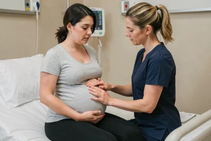 Sage-femme évaluant la dilatation du col à deux doigts sur une femme enceinte en salle de maternité