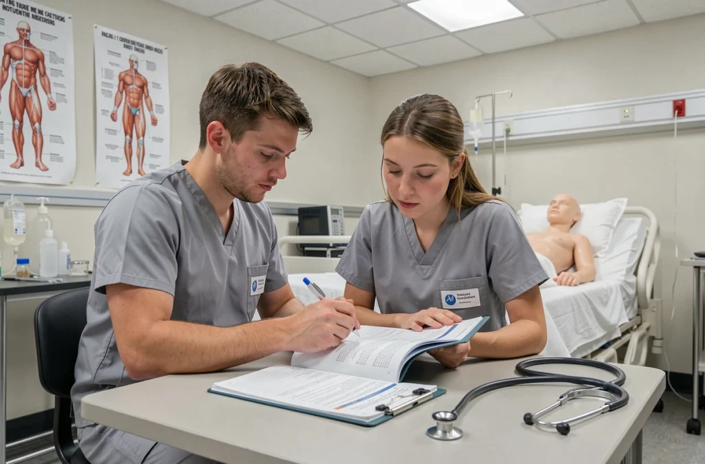 Étudiants en soins infirmiers pratiquant le calcul de dose au simulateur de lit patient