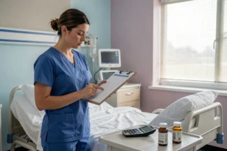 Infirmière calculant une dose médicamenteuse au chevet du patient dans une chambre d'hôpital