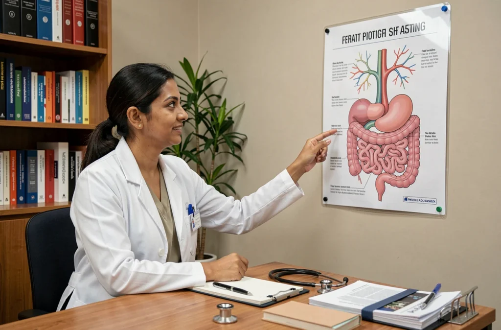 Médecin expliquant le lien entre le nerf d'Arnold et l'estomac à l'aide d'un schéma anatomique dans un cabinet médical