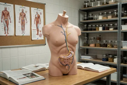 Modèle anatomique du torse humain montrant le trajet du nerf vague et de l'estomac dans un cadre universitaire médical