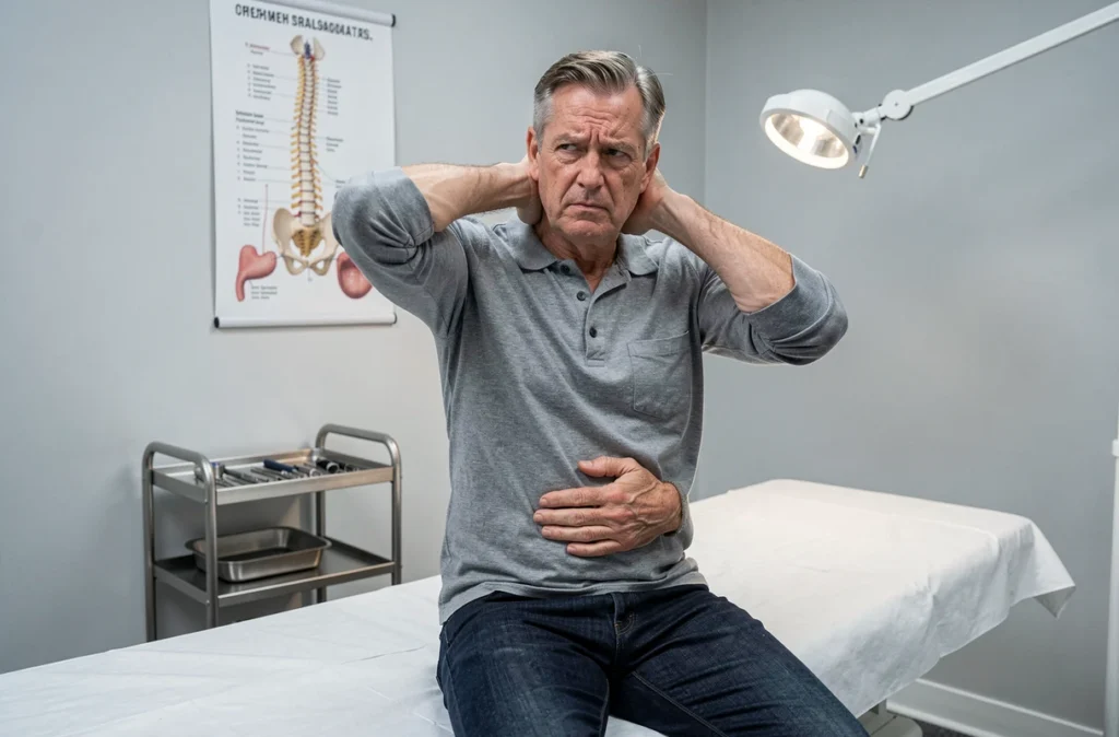 Patient en cabinet de gastro-entérologie tenant sa nuque et son abdomen illustrant les symptômes liés au nerf d'Arnold et à l'estomac