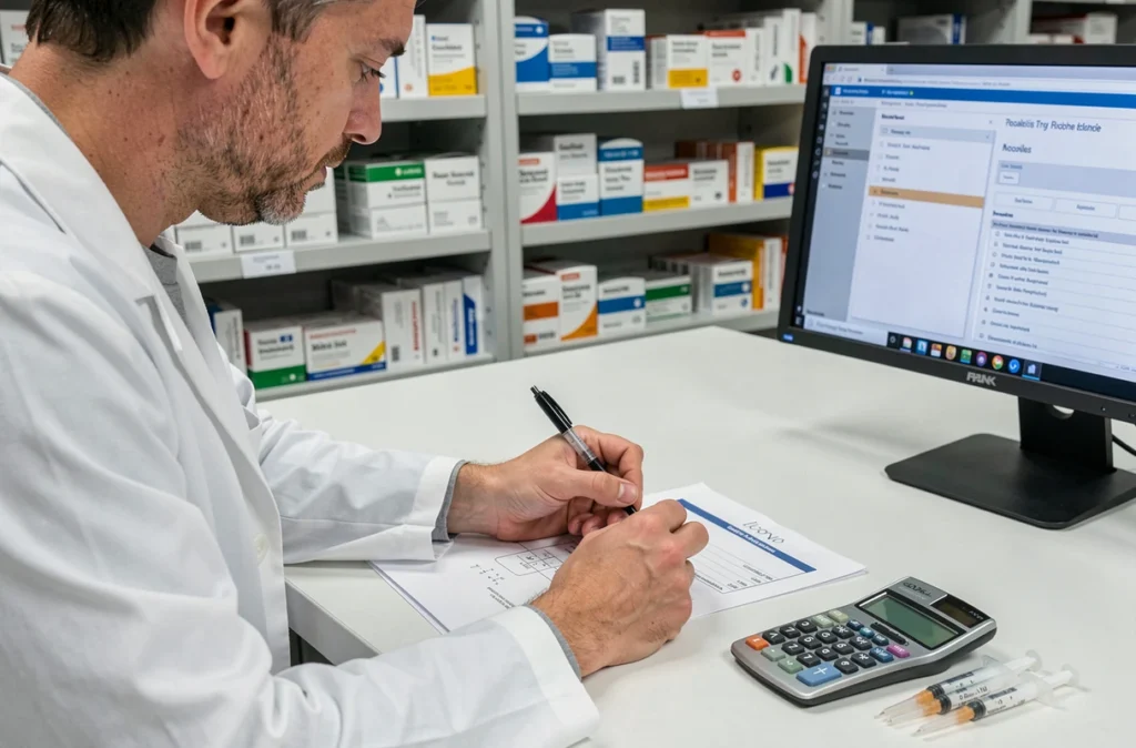 Pharmacien annotant un protocole de calcul de dose médicamenteuse dans une pharmacie hospitalière