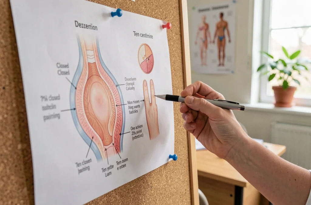 Schéma médical de dilatation du col utérin affiché dans un cabinet de maïeutique avec annotation à deux doigts