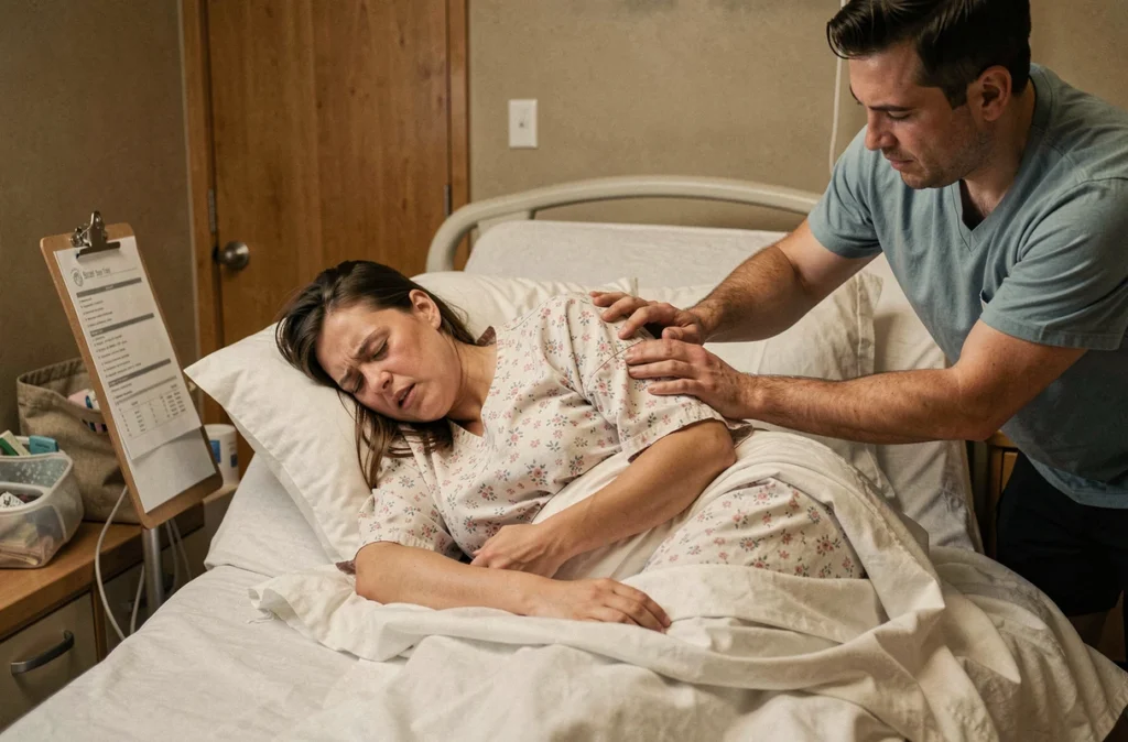 Femme en travail actif dans une salle de naissance avec son partenaire pendant une contraction intense