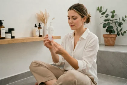 Jeune femme tenant un disque menstruel en silicone transparent dans une salle de bain minimaliste moderne